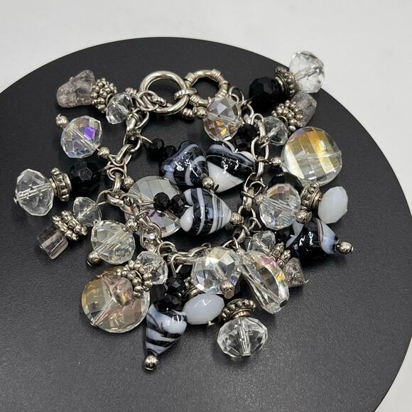 Black White Heart Art Glass Faceted Beads, Ab Beads Murano Cha Cha Bracelet - Picture 8 of 8